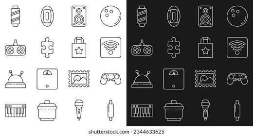 Set line Rolling pin, Gamepad, Wi-Fi wireless internet network, Stereo speaker, Piece of puzzle, Sewing thread on spool and Paper shopping bag icon. Vector