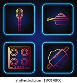 Set line Rolling pin , Gas stove , Kitchen whisk  and Frying pan . Gradient color icons. Vector