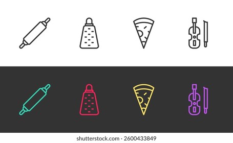 Set line Rolling pin, Grater, Slice of pizza and Violin on black and white. Vector