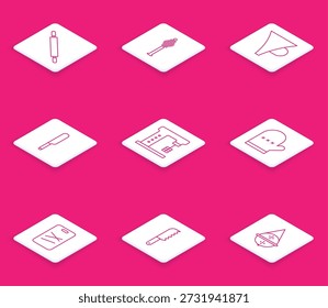 Definir linha Rolando pin, vara de mergulhador de mel, funil ou filtro, faca, misturador elétrico, luva de forno, tabuleiro de corte e ícone faca de pão. Vetor