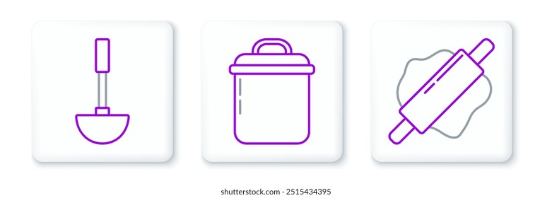 Set line Rolling pin, cucharón de cocina e icono de olla de cocina. Vector