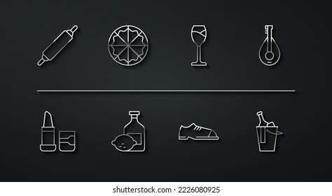 Set line Rolling pin, Lipstick, Mandolin, Men shoes, Limoncello bottle, Pizza, Bottle of wine bucket and Wine glass icon. Vector