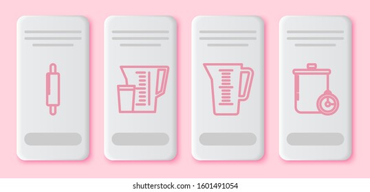 Set line Rolling pin , Measuring cup, Measuring cup and Cooking pot and kitchen timer . White rectangle button. Vector