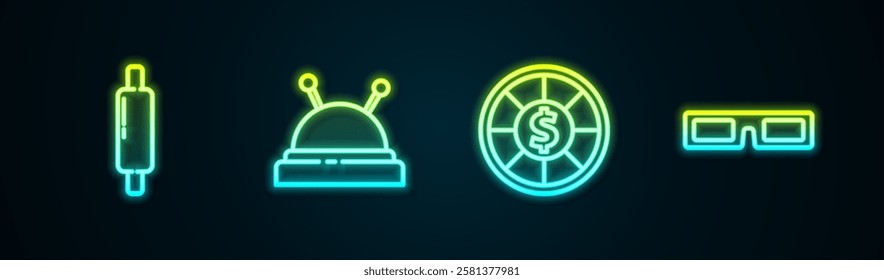 Set line Rolling pin, Needle bed and needles, Casino chips and Cinema glasses. Glowing neon icon. Vector