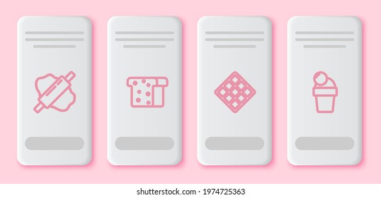 Set line Rolling pin on dough, Bread toast, Waffle and Ice cream. White rectangle button. Vector