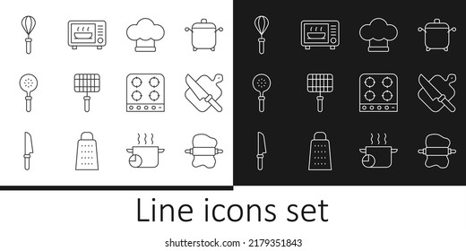 Set line Rolling pin on dough, Cutting board and knife, Chef hat, Barbecue steel grid, Spatula, Kitchen whisk, Gas stove and Microwave oven icon. Vector