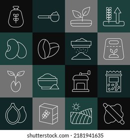 Set line Rolling pin on dough, Pack full of seeds of plant, Sprout, Coffee beans, Beans, Bag flour and Sifting icon. Vector