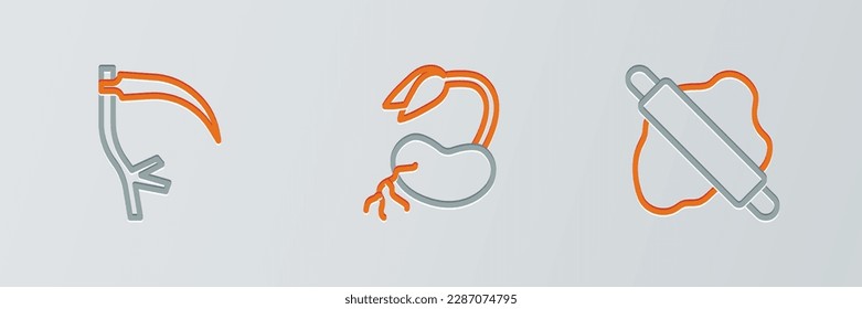 Set line Rolling pin on dough, Scythe and Sprout icon. Vector