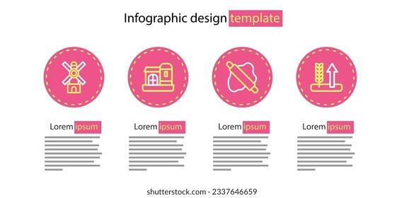 Set line Rolling pin on dough, Wheat, Farm house and Windmill icon. Vector