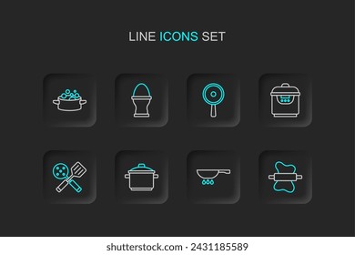 Set line Rolling pin on dough, Frying pan fire, Cooking pot, Spatula, Slow cooker, Chicken egg stand and  icon. Vector