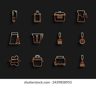 Set line Rolling pin on dough, Cooking pot, Meat chopper, Toaster, Spatula, Measuring cup, Pizza knife and  icon. Vector