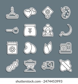 Set line Rolling pin on dough, Farm house, Sickle, Pack full of seeds of plant, Bag flour, Measuring cup with, Seed and Farmer the hat icon. Vector