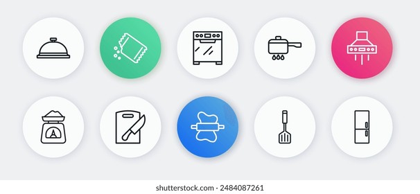 Set line Rolling pin on dough, Kitchen extractor fan, Scales, Spatula, Cooking pot fire, Oven, Refrigerator and Cutting board and knife icon. Vector