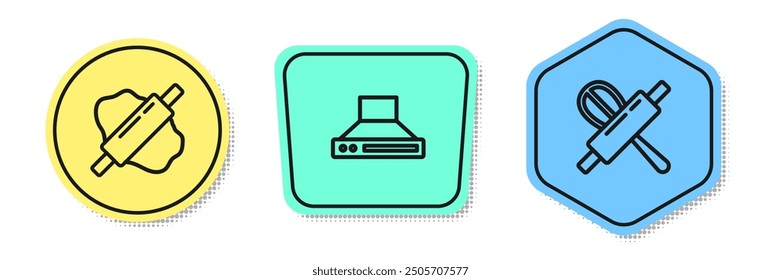 Set line Rolling pin on dough, Kitchen extractor fan and whisk and rolling. Colored shapes. Vector
