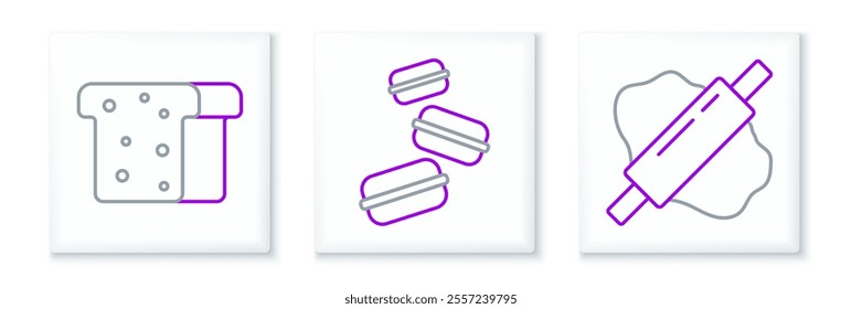 Set line Rolling pin on dough, Bread toast and Macaron cookie icon. Vector