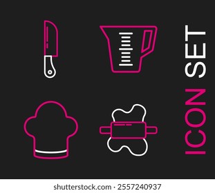 Set line Rolling pin on dough, Chef hat, Measuring cup and Knife icon. Vector