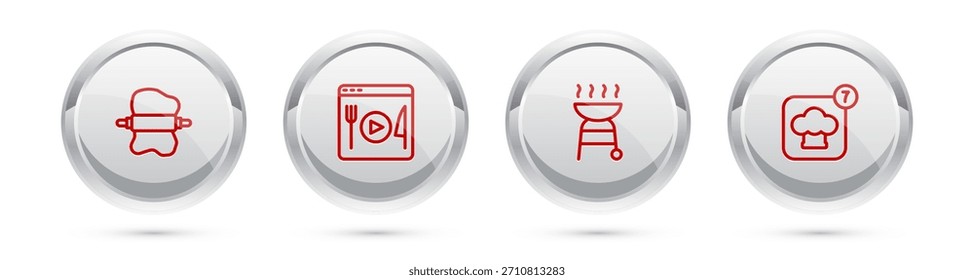 Set line Rolling pin en masa, Cocina en directo, Parrilla de barbacoa y Sombrero de chef. Botón de círculo plateado. Vector