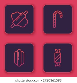 Set line Rolling pin en masa, sándwich Hotdog, Navidades de caña de caramelo y caramelo. Botón cuadrado azul. Vector
