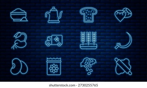 Set Linie Rolling Pin auf Teig, Sichel, Brot Toast, Mehl LKW, Sprout, Schüssel, Weizen und Bewässerung kann Symbol. Vektorgrafik