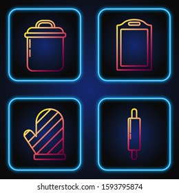 Set line Rolling pin , Oven glove , Cooking pot  and Cutting board . Gradient color icons. Vector