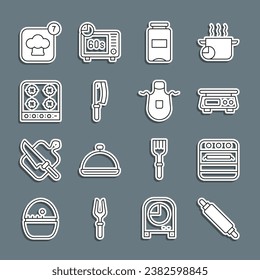 Set line Rolling pin, Oven, Electronic scales, Jam jar, Meat chopper, Gas stove, Chef hat and Kitchen apron icon. Vector