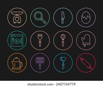 Set line Rolling pin, Oven glove, Knife, Fork, Cooking live streaming, Scales, Kitchen whisk and Frying pan icon. Vector