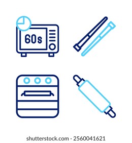 Set line Rolling pin, Oven, Food chopsticks and Microwave oven icon. Vector