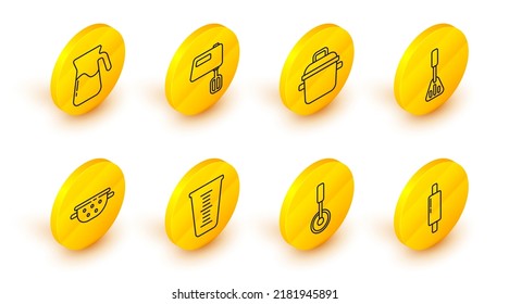 Set line Rolling pin, Pizza knife, Measuring cup, Kitchen colander, Spatula, Cooking pot, Electric mixer and Jug glass with water icon. Vector