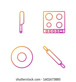 Set line Rolling pin, Plate, Knife and Gas stove. Gradient color icons. Vector