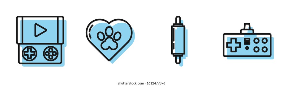Set line Rolling pin, Portable video game console, Heart with animals footprint and Gamepad icon. Vector