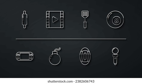 Fijar línea Pin de rodadura, consola de videojuegos portátil, bola de billar Billiard, fútbol americano, Bomba lista para explotar, Reproducir video, Joystick para máquina de arcade e icono Spatula. Vector