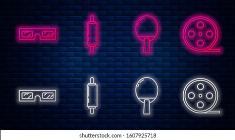 Set line Rolling pin, Racket for playing table tennis, 3D cinema glasses and Film reel. Glowing neon icon on brick wall. Vector
