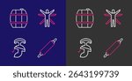 Set line Rolling pin, Roman army helmet, Vitruvian Man and Barrel for wine icon. Vector