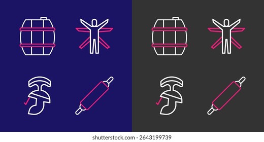 Set line Rolling pin, Roman army helmet, Vitruvian Man and Barrel for wine icon. Vector