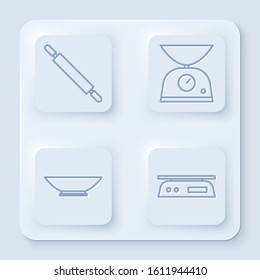 Set line Rolling pin, Scales, Bowl and Electronic scales. White square button. Vector