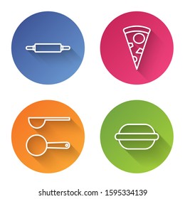 Set line Rolling pin , Slice of pizza , Measuring spoon  and Macaron cookie . Color circle button. Vector