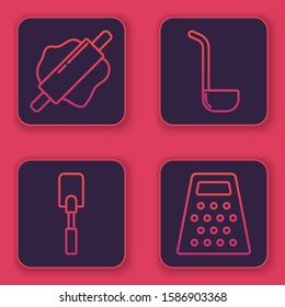 Set line Rolling pin , Spatula , Kitchen ladle  and Grater . Blue square button. Vector