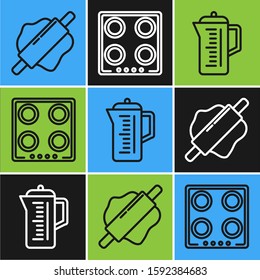 Set line Rolling pin , Teapot  and Gas stove  icon. Vector