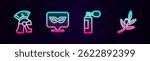 Set line Roman army helmet, Carnival mask, Perfume and Olives branch. Glowing neon icon. Vector
