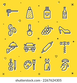 Set line Roman army helmet, Wine corkscrew, Woman shoe, Perfume, Pizza knife, Coffee beans, Pasta spaghetti and Grape fruit icon. Vector