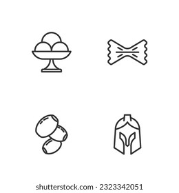 Set line Roman army helmet, Olives, Ice cream in the bowl and Macaroni icon. Vector