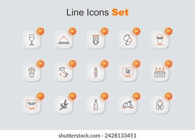 Set line Roman army helmet, Scooter, Bottle of wine, Olives branch, Carnival mask, Bottles, Flag Italy and French baguette bread icon. Vector