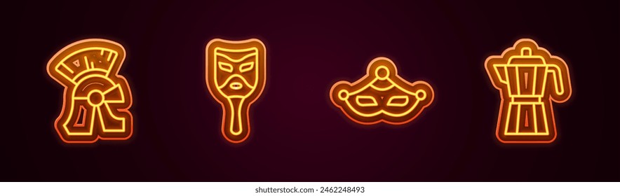 Set line Roman army helmet, Carnival mask,  and Coffee maker moca pot. Glowing neon icon. Vector