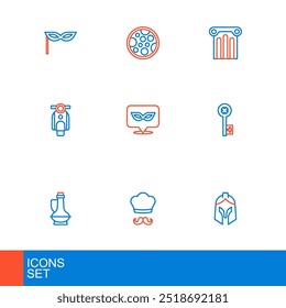 Set line Roman army helmet, Italian cook, Bottle of olive oil, Old key, Scooter, Carnival mask, Ancient column and Pizza icon. Vector