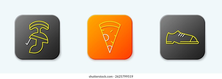 Set line Roman army helmet, Slice of pizza and Men shoes icon. Vector