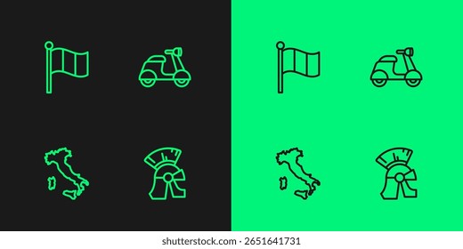 Set line Roman army helmet, Map of Italy, Flag and Scooter icon. Vector