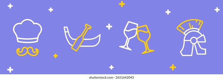 Set line Roman army helmet, Wine glass, Gondola boat and Italian cook icon. Vector