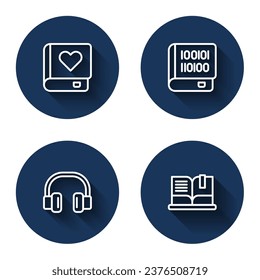 Set line Romance book, Books about programming, Headphones and Open with long shadow. Blue circle button. Vector