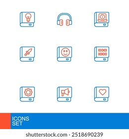 Definir a linha Livro de Romance, Livro, Manual do usuário, Livros sobre programação, arma e ícone de fones de ouvido. Vetor