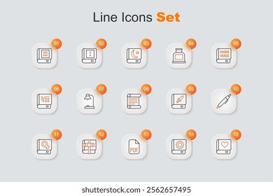 Set line Romance book, User manual, PDF file document, Book as gift, about women, Pen, weapon and Decree, parchment, scroll icon. Vector